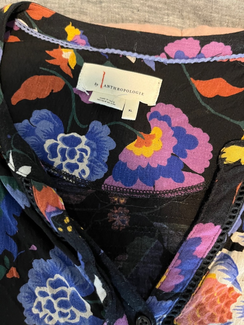 Anthropologie Black Floral Blouse with Purple, Blue, Yellow and Orange Flowers - Picture 4 of 8